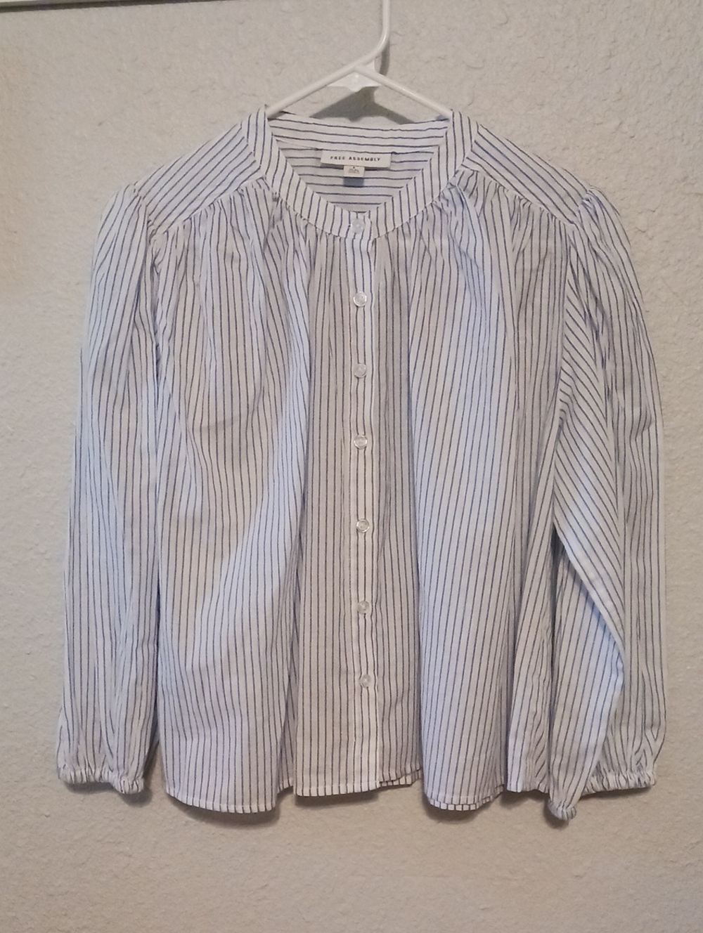 Pleated Navy-Striped Button-Down Blouse